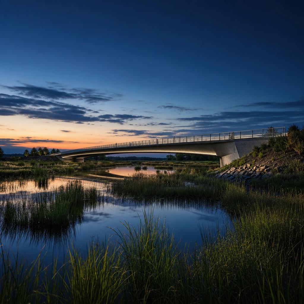 Low-impact bridge crossing a wetland at blue hour