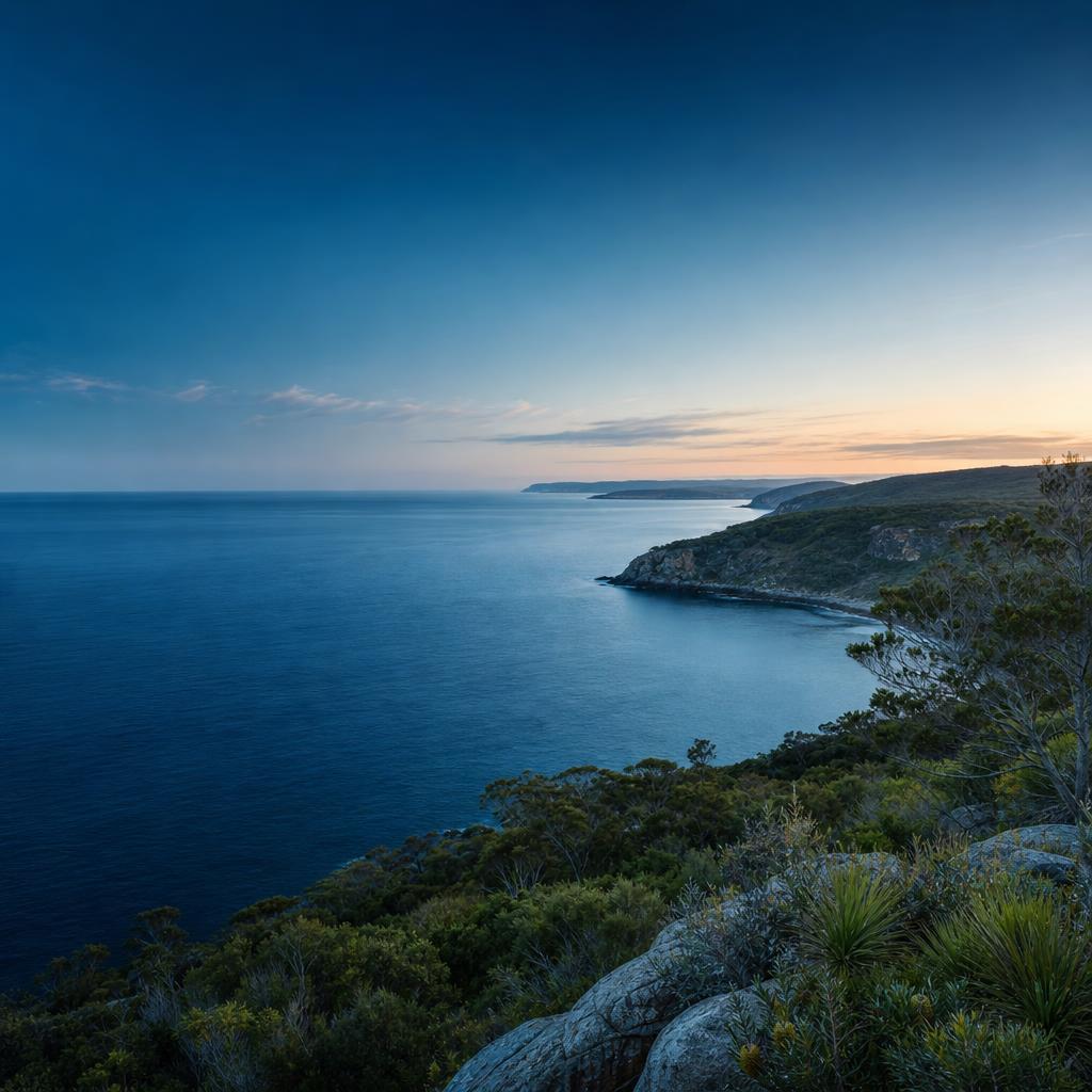 Native coastal headland above calm blue water