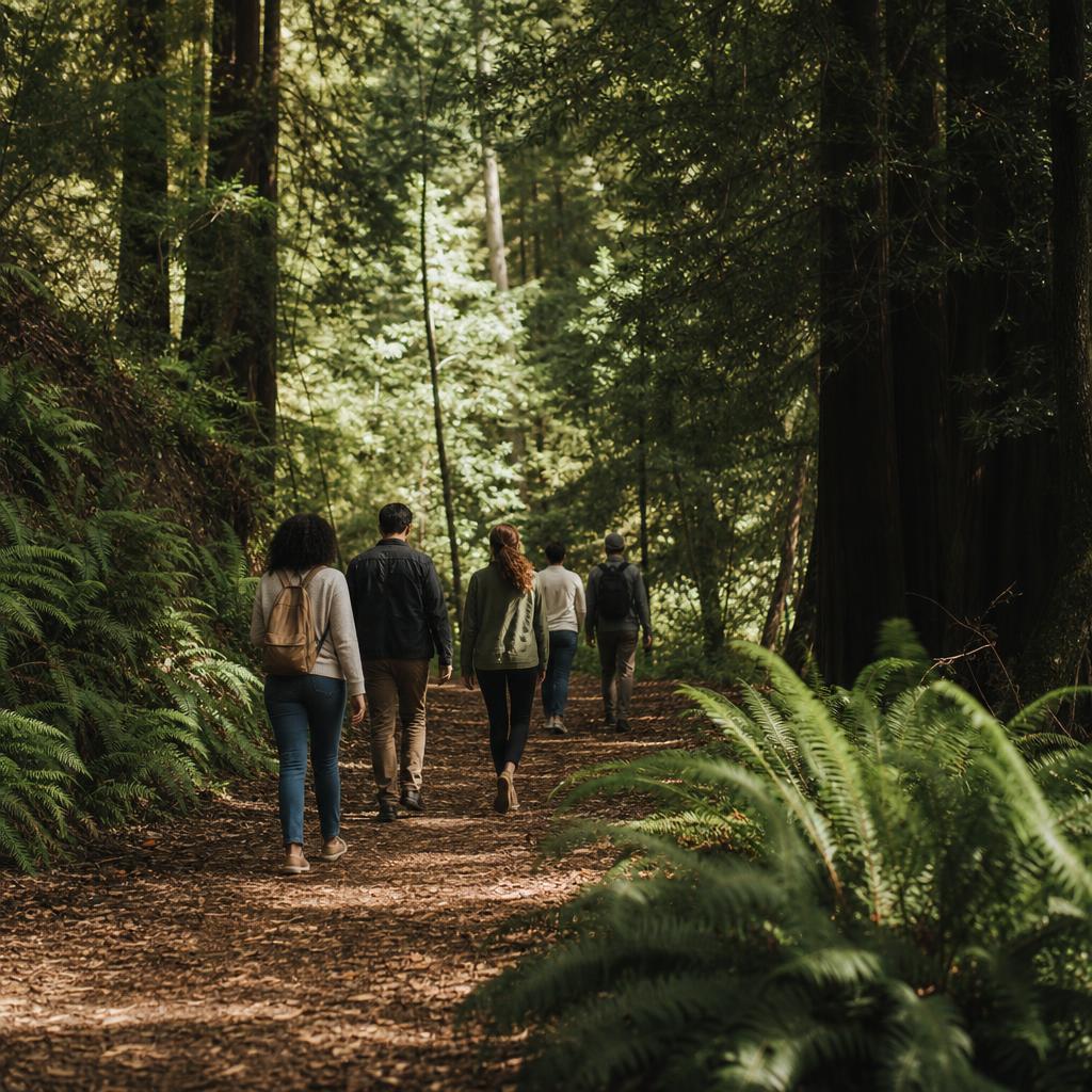 People walking a sunlit forest trail