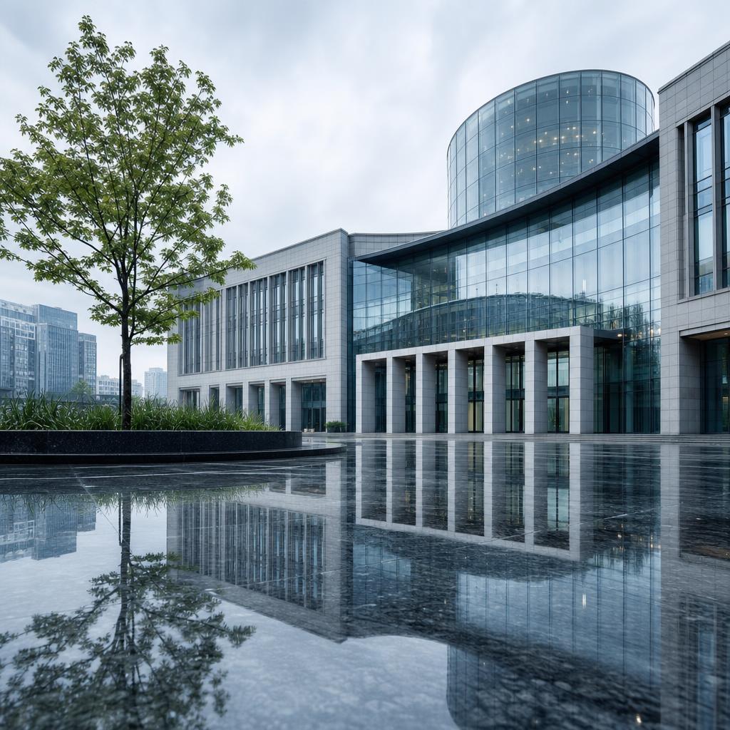 Contemporary civic architecture beside a native tree