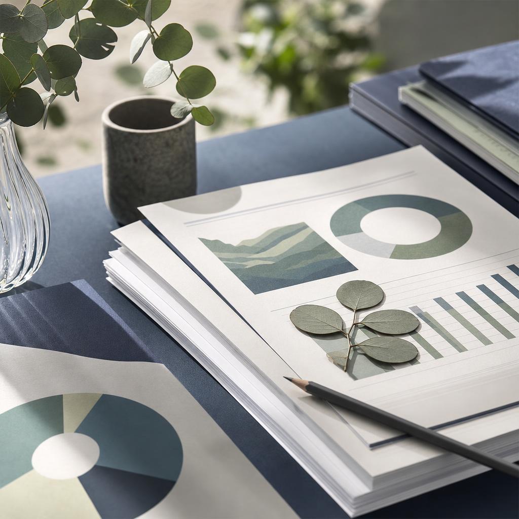 Printed ESG reports and leaves arranged on a desk
