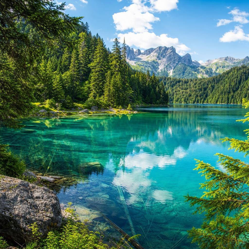 Misty evergreen forest surrounding a calm lake
