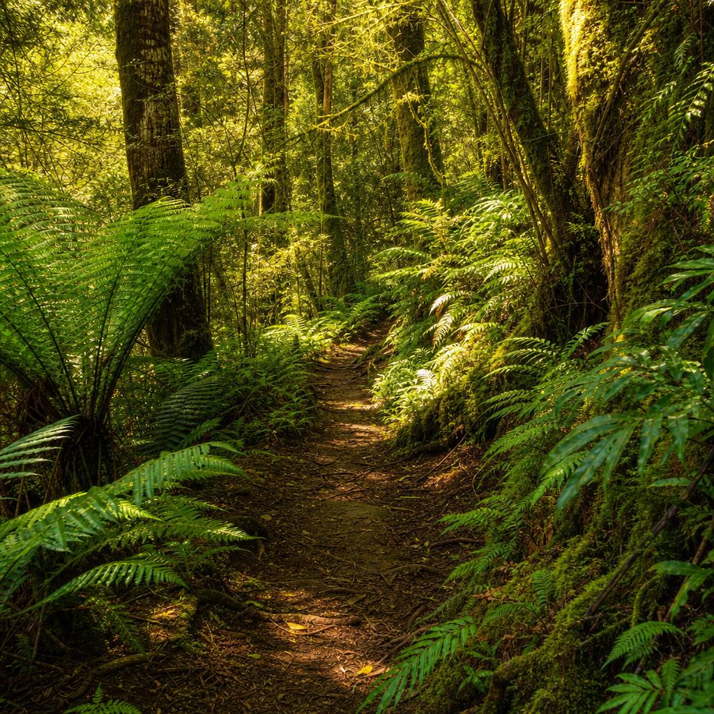 A lush green forest with layered foliage