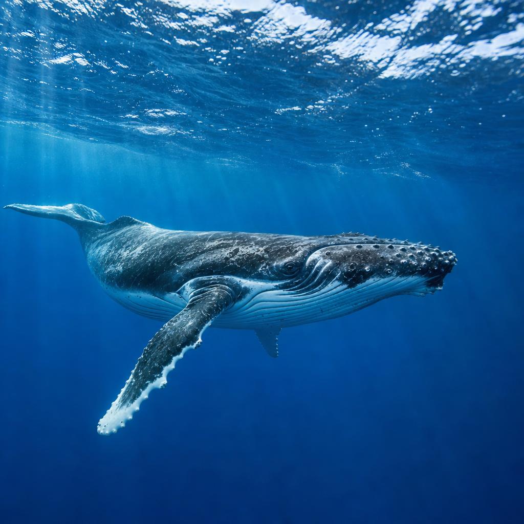 Whale moving through clear blue ocean water