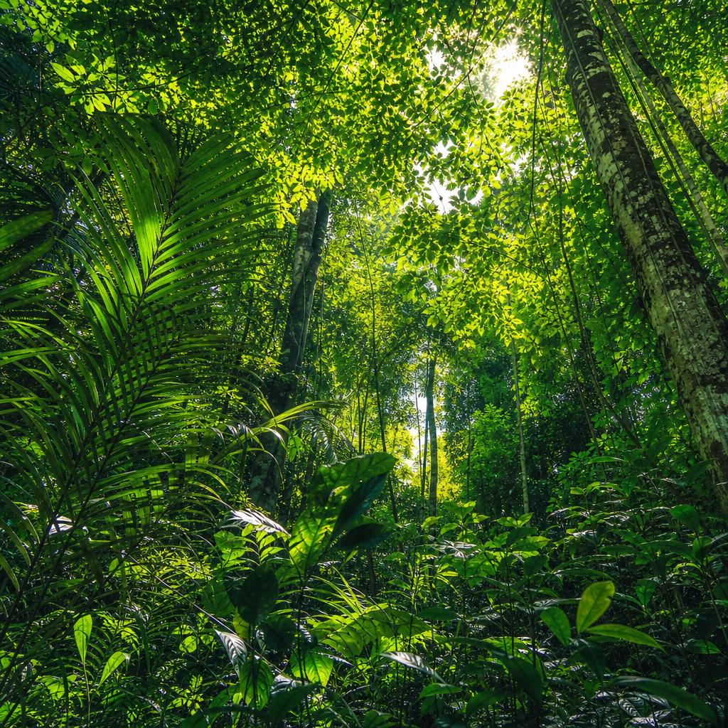 Looking up through a dense rainforest canopy