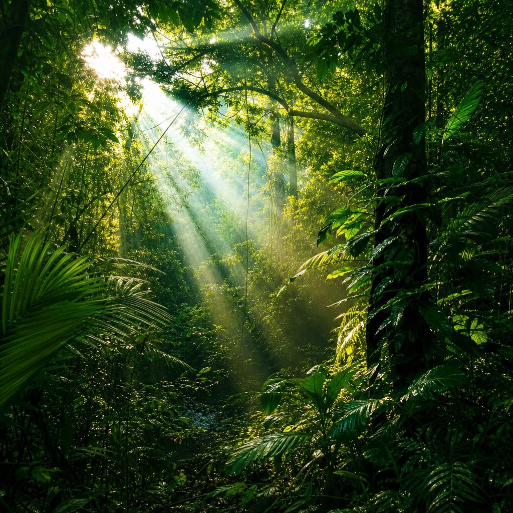 Sunlight filtering through lush rainforest foliage