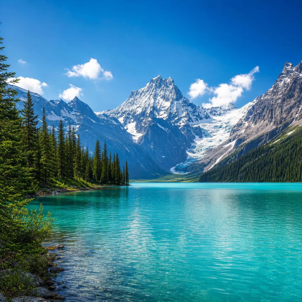 Snowy mountains rising behind a quiet alpine lake